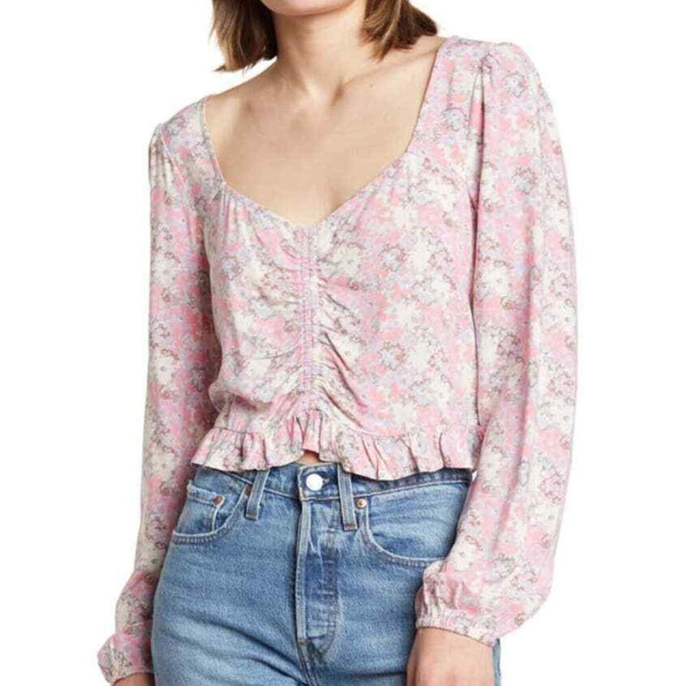 Abound NWOT Pink Floral Long Sleeve Ruched Blouse Junior's Size 1X
